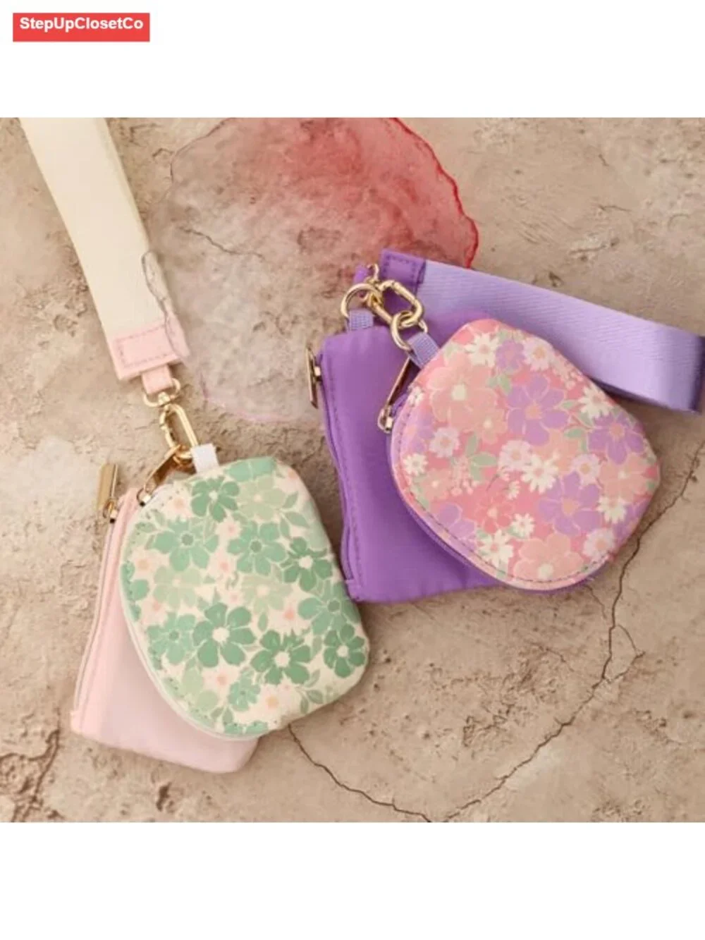 Floral Wristlet Coin Purse with Detachable Strap, Double Zipper Mini Wallet,